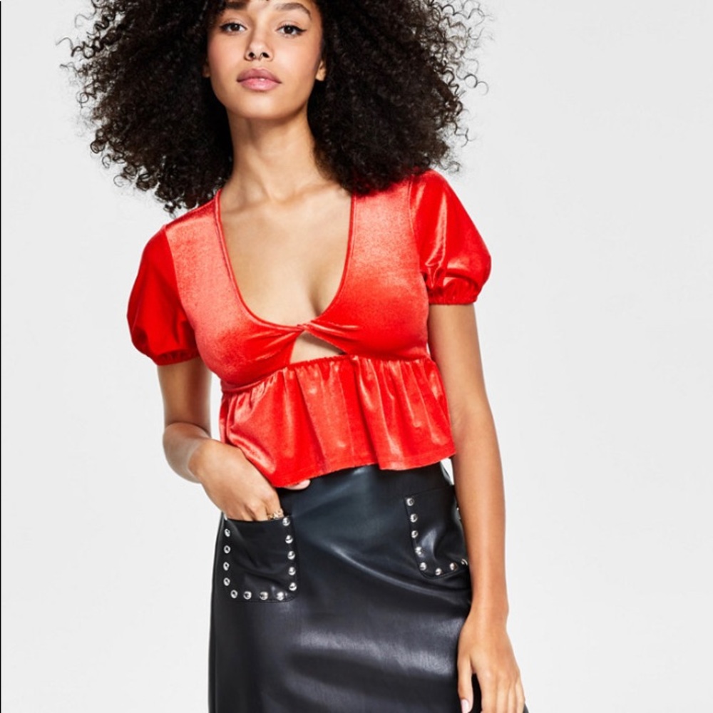 Bar III Velour Peplum Key Hole Cut Out Short Sleeve Skirted Shirt - NEW